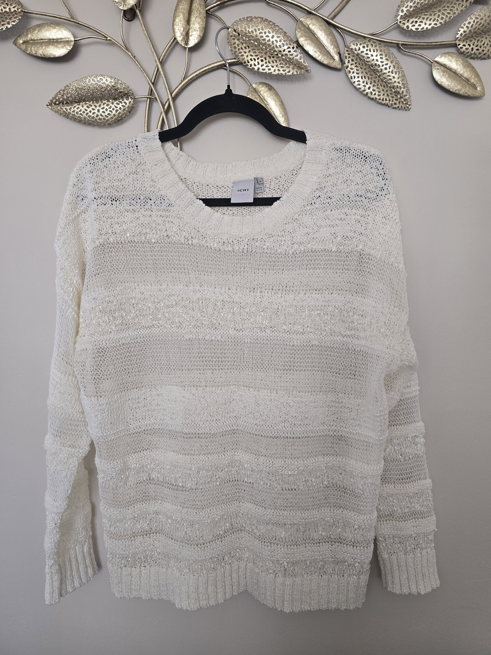 Open-Knit Cream Crewneck Sweater Mesh Size M